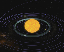 This is a still from the Habitable
            Zone animation that shows a sun with several planets orbiting it.